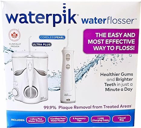 Waterpik Waterflosser Ultra Plus Water Flosser & Cordless Pearl Water Flosser - 5 Accessory tips, USB Charging Cable & Travel Case, 1 Pack, White