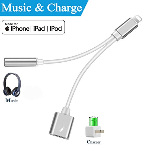 Adapter for iPhone Headphone Jack Audio Charging Adapter 2 in 1 Earphone Music 3.5mm Audio AUX Connector Jack Splitter Cable Accessories for iPhone 8/8Plus/7/7Plus/X/XS for iOS 11 or Higher-Silver