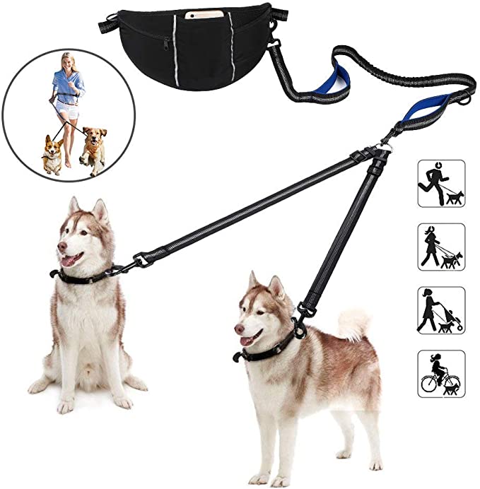 YOUTHINK Hands Free Dog Leash, Double Dog Leash with Reflective Stitching, Adjustable Waist Belt with Pocket, No Tangle Durable Dual-Handle, Multifunctional Leash Dogs Running Walking Hiking