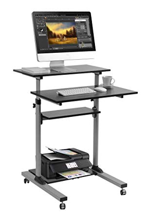 Mobile Standing Desk - TechOrbits Rolling Workstation Cart - Stand Up Media Podium Mobile Desk - Height Adjustable Presentation Computer Cart
