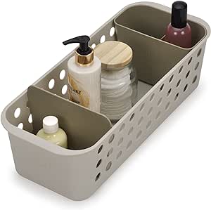 Joseph Joseph EasyStore - Bathroom essentials Storage Basket Organiser with moveable pot and divider, Slimline- Ecru