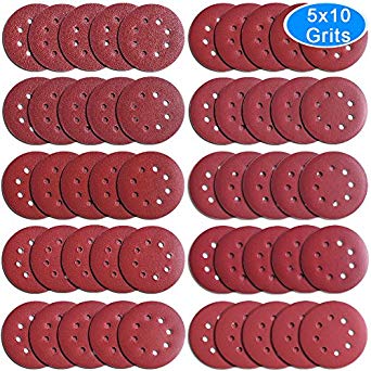 AUSTOR 50 Pieces 8 Holes Sanding Discs, 5 Inch Hook and Loop 40/ 60/ 80/ 100/ 120/ 150/ 180/ 240/ 320/ 400 Grit Sandpaper Assortment for Random Orbital Sander