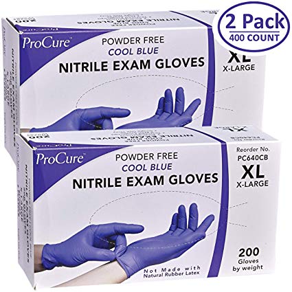 ProCure Disposable Nitrile Gloves – 2 Pack, Powder Free, Rubber Latex Free, Medical Exam Grade, Non Sterile, Ambidextrous - Soft with Textured Tips – Cool Blue (X-Large, 2 Pack, 400 Count)