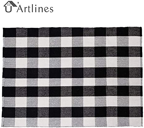 U'Artlines Buffalo Plaid Rug, Cotton Area Rug Checkered Plaid Doormat Kitchen Runner Washable Entryway for Bedroom, Kitchen, Laundry Room (5'x6'56'', Black-White Plaid)