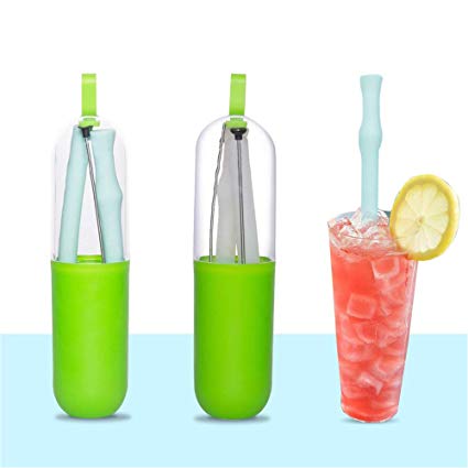 Collapsible Reusable Silicone Straws, Portable Folding Drinking Straw, BPA Free with Travel Case & Cleaning Brush, Suitable for 20/30 oz Tumblers for Home Office Travel Party _2 Pack