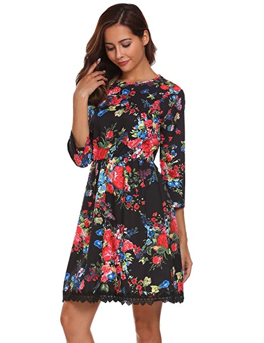 Sheshow Women's 3/4 Sleeve O-Neck Floral Printed Lace Trim Elastic Waist Summer Casual Dress