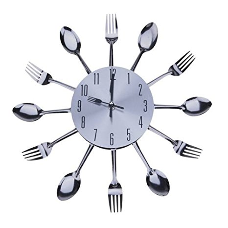 Chinatera 3D Removable Modern Creative Cutlery Kitchen Spoon Fork Wall Clock Mirror Wall Decal Wall Sticker Room Home Decoration (Type H: Silver)