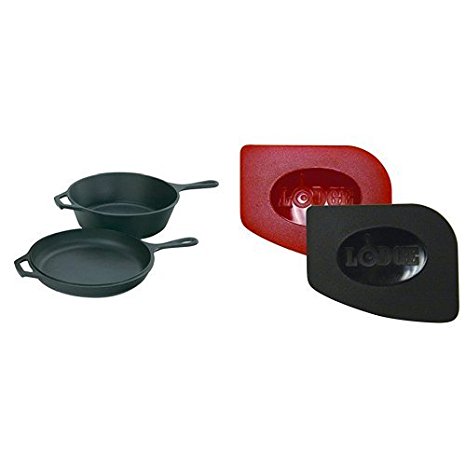 Lodge LCC3 Pre-Seasoned Cast-Iron Combo Cooker, 3.2-Quart and Lodge SCRAPERPK Durable Polycarbonate Pan Scrapers, Red and Black, 2-Pack Bundle