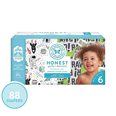 The Honest Company Super Club Box Diapers - Size 6 - Space Travel & T-rex Print | Trueabsorb Technology | Plant-Derived Materials | Hypoallergenic | 88Count