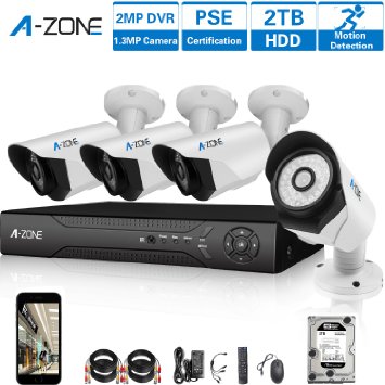 A-ZONE 4 Channel 1080P AHD Home Security Cameras System W/ 4x HD 1.3MP waterproof Night vision Indoor/Outdoor CCTV surveillance Camera, Quick Remote Access Setup Free App, Including 2TB HDD