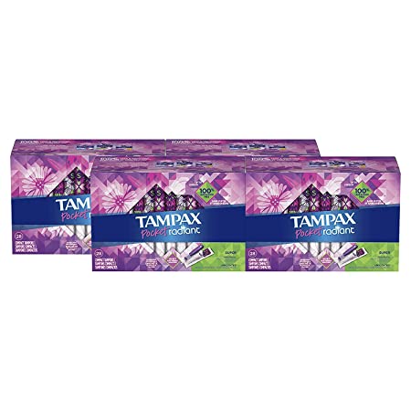 Tampax Pocket Radiant Plastic Tampons, Super Absorbency, Unscented, Compact, 28 Count - Pack of 4 (112 Count Total) (Packaging May Vary)