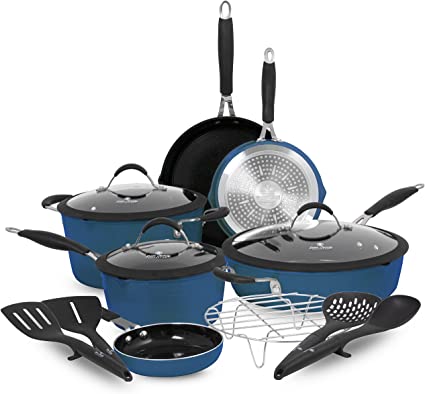Paula Deen Family 14-Piece Ceramic, Non-Stick Cookware Set, 100% PFOA-Free and Induction Ready, Features Stay-Cool Handles, Dual Pour Spouts and Kitchen Tools (Savannah Blue)