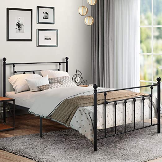 VECELO Full Size Metal Platform Bed Frame with Headboard and Footboard Sturdy Steel Slat Support/No Box Spring Needed Mattress Foundation/Easy Assemble，Victorian Style,Matte Black