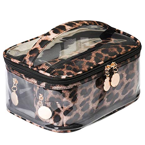 Jarrel 3 in 1 Travel Cosmetic Bag Set Clear & Leopard Print Pouch With Handle Strap - TSA-Approved Airline Kit 3-1-1 Toiletry Bag & Carry-On Makeup Organizer for Women and Girls (3in1 Leopard Print)