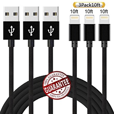 Zcen Lightning Cable, 3Pack 10Ft Nylon Braided Cord iPhone Cable to USB Charging Charger for iPhone 7, Plus, 6, 6S, SE, 5S, 5, 5C, iPad, iPod (Black)