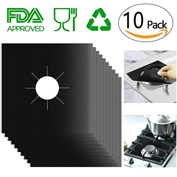 10-Pack Reusable Gas Stove Burner Covers, Non-stick Stovetop Burner Liners, Gas Range Protectors for Kitchen- Size 10.6” x 10.6”-Double Thickness 0.2mm, Cuttable, Dishwasher Safe,   Free Mini Scissor (Black)
