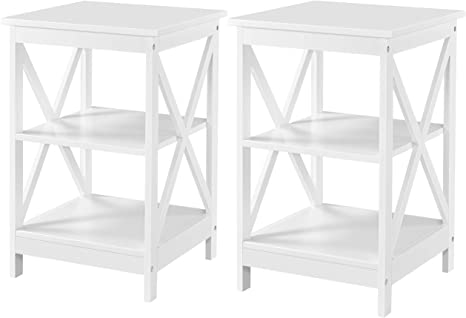 Yaheetech Pack of 2 3-Tier Wood X Shape Side Table Tall End Table with Storage Shelves, White
