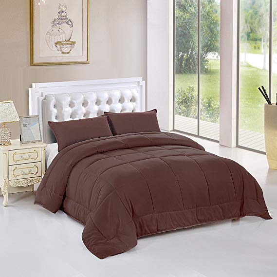 Unique Home All Season Box Stitched Goose Down Alternative Comforter-Hypoallergenic- Plush Fiberfill Duvet Insert (Brown, Twin EXL)