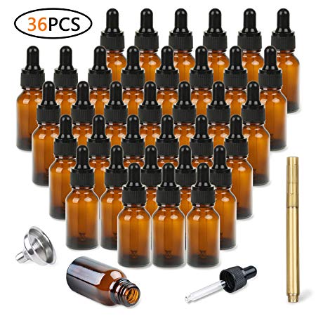 Amber Glass Dropper Bottles 36 Pack of 0.5oz(15ml) for Essential Oils, with Glass Eye Dropper, Tops Stainless Steel Funnel and Gold Glass Pen by STONEKAE Use in Bath, Kitchen and Labor