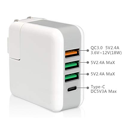 Quick Charge 3.0 3 1 Port Usb Type-C Tower Power Fast Charger Smart IC Tech Charging Station for iPhone X, iPhone 8, iPhone 8 Plus, iPhone 7/6s/Plus, iPad, Galaxy S7/S6/Edge, Note 5, LG, Nexus 6, HTC