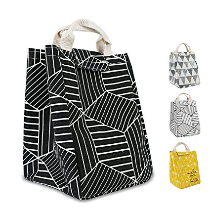 HOMESPON Reusable Printed Lunch Bag, Non-Toxic Eco-Friendly Canvas Fabric Insulated Waterproof Aluminum Foil, Lunch Box Tote Handbag for Women, Students Bento Cooler Bag (Geometric Pattern-Black)