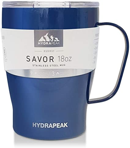 Hydrapeak 18oz Double Vacuum Insulated Coffee Mug. Stainless Steel Travel Mug, Tumbler Coffee Cup with Lid and Integrated Handle (18oz, Cobalt)