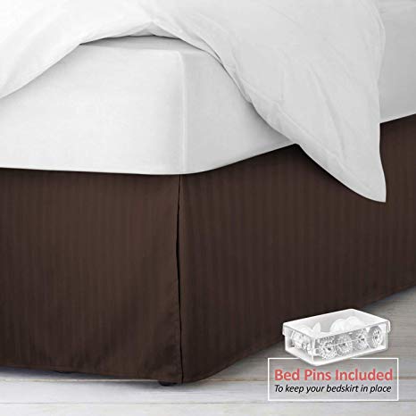 Nestl Bedding Pleated Bed Skirt - Damask Dobby Stripe Bed Skirt - Luxury Microfiber Dust Ruffle - 14” Tailored Drop - Bonus Bed Skirt Pins Set of 8 Included - Queen, Brown