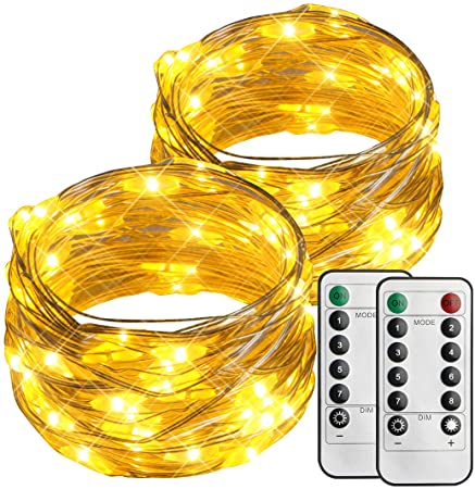 esLife 2 Pack Battery Operated Fairy Lights, 8 Modes 16ft 50 LEDs String Light Waterproof Decorative Silver Twinkle Lights with Timer and Remote for Bedroom, Patio, Party, Porch, Lawn（Warm White）