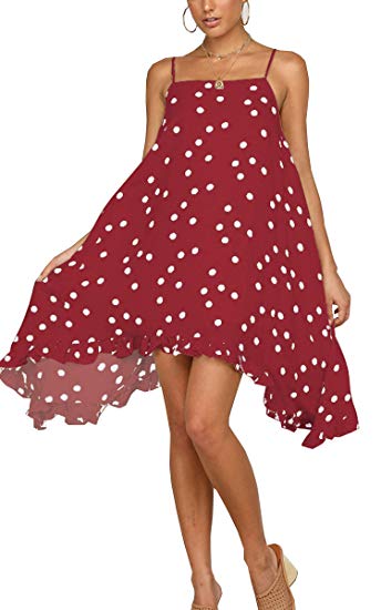 Angashion Women's Casual Spaghetti Strap Polka Dot Summer Dress Irregular High Low Chiffon Dress