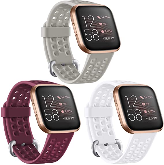 Maledan Compatible with Fitbit Versa 2 Bands for Women Men Sport Watch Strap Replacement for Fitbit Versa Smart Watch/Versa 2/Versa Lite/Versa SE, 3 Pack Wine Red/Gray/White, Small