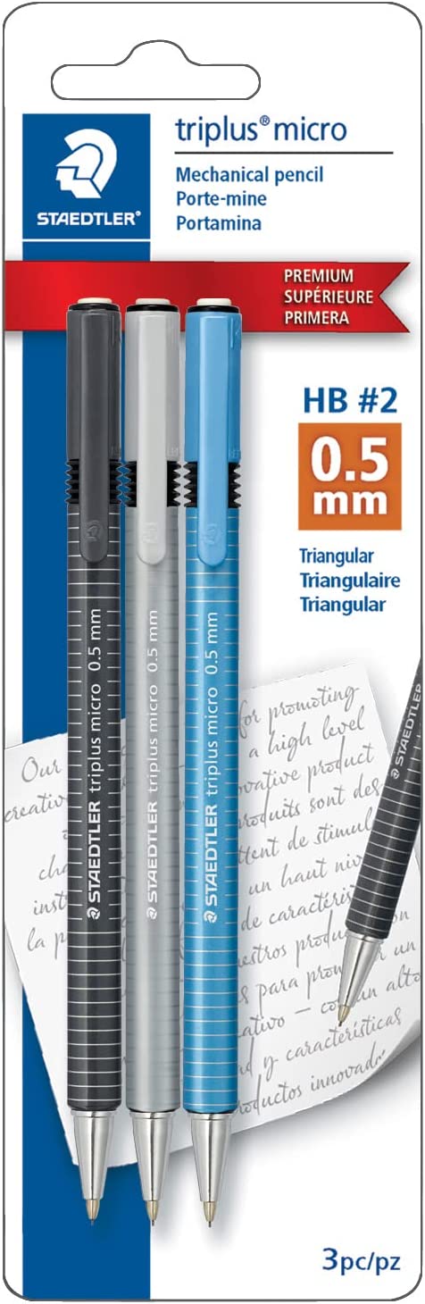 STAEDTLER triplus micro 0.5mm Lead Retractable Mechanical Pencil with Twist Eraser, Writing, Drawing, Drafting, 3-Pack, 77427BK3A6
