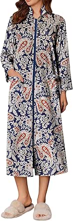 Ekouaer Women Zip Up Robe Fleece House Coats Full Length House Dress Long Sleeve Bathrobe with Pockets S-3XL