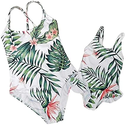 Mother Girl Swimwear Mommy and Me Matching One Piece Beach Wear Family Leaves Sporty Monokini