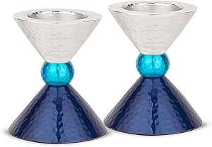 Zion Judaica Modern Tealight Candles or Thick Tapered Shabbat Candlestick Holders Set - Anodized Metal Blue Tones & Silver Candle Holder for Passover, Bat Mitzvah, Valentine's Day