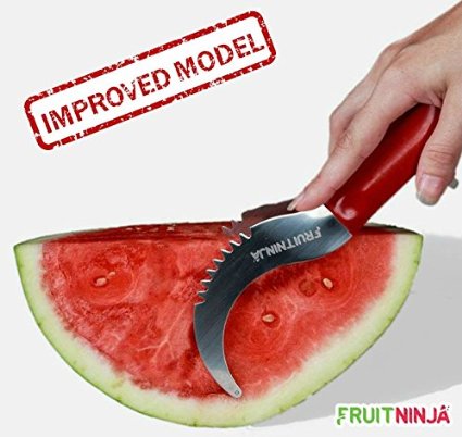 FruitNinja Professional Watermelon Slicer & Tongs -Stainless Steel Fruit Knife-No Mess, Clean, Fast, Neat & Easy-New & Improved Model - 2 Special Bonuses Are Included - Perfect Gift-Red Rubber Handle