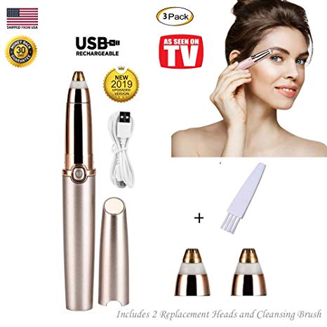Eyebrow USB Rechargeable Hair Remover For Women, STOUCH Trimmer Epilator Hair Removal Electric Plus 2 Extra Replacement Heads, As Seen on TV, Rose Gold