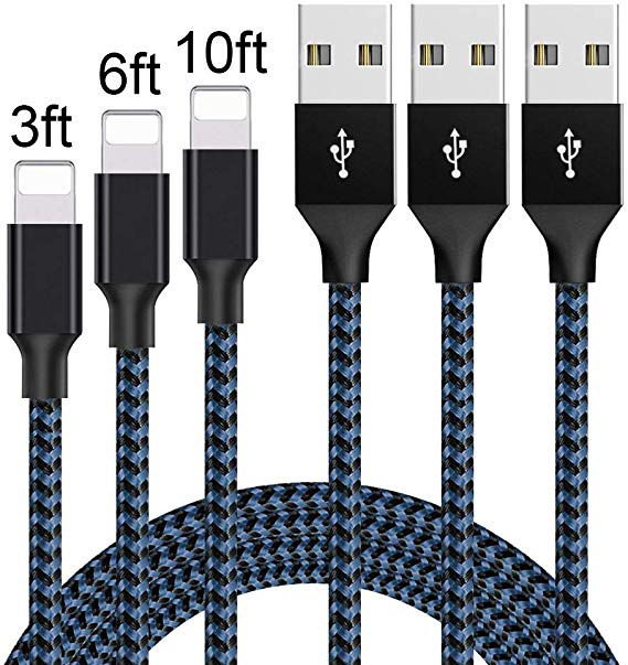iPhone Charger, Mfi Certified Lightning Cables 3Pack 3Ft 6Ft 10Ft to USB Syncing Data and Nylon Braided Cord Charger for iPhone XS/Max/XR/X/8/8Plus/7/7Plus/6S/Plus/SE/iPad and More