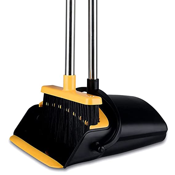 Broom and Dustpan [2019 Version] Tiumso Dust pan Broom Set with Upgrade Combo and Sturdiest Extendable Long Handle,4 Layers Bristles,Upright Standing for Home, Office, Kitchen, Lobby(Black Yellow)