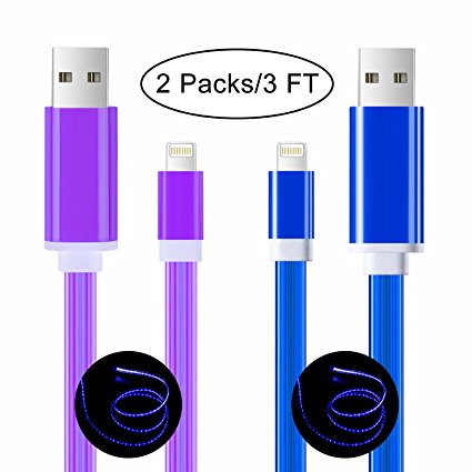 Lightning Cable, Bambud 2 Packs 3 FT Visible LED Flowing Light iPhone Charger Cable Cord for iPhone 8/8 Plus/ X/7/7 Plus/6s/6s Plus/6/6 Plus/5s/5c/5/iPad/iPod ( Purple and Blue)