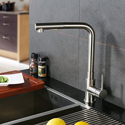 CREA Kitchen Faucet, Modern Brass Single Lever Pull Down Sprayer Kitchen Mixer Tap Pull Out Kitchen Sink Faucets Brushed Nickel