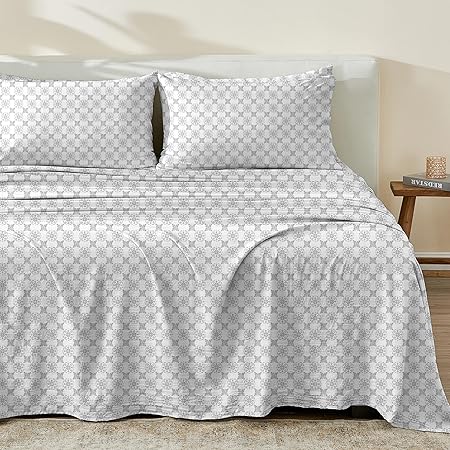 100% Cotton Percale King Bed Sheets| Grey Floral Printed, 4 Piece Cotton Percale Sheet Set | Lightweight, Breathable, Crisp Bedding Sheets & Pillowcases (King, White/Grey Floral)