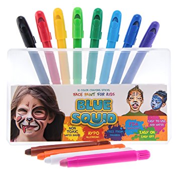 Blue Squid Face Paint Crayons for Kids | 12 Color No Mess Twistable Marker Sticks | Best Quality Body Painting Set | Water Based Non-Toxic FDA Approved | Online Guide