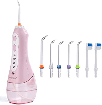 Water Flosser, Miss Gorgeous Upgrade 300ml Waterproof Portable Oral Irrigator, Cordless USB Rechargeable with 7 Jet Tips ,360 Degree Adjustable Spinning Tips, Professional for Adults and Kids,Travel and Home Use, Pink