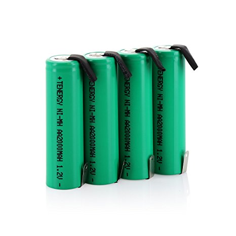 Combo: 4 pcs Tenergy AA 2000mAh NiMH Rechargeable Battery Flat Top with Tabs for Shavers, Trimmers, Razors, and more