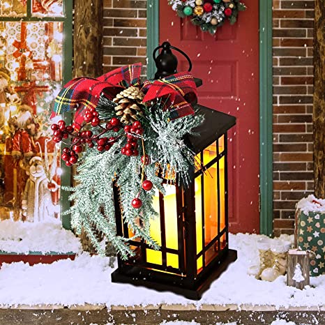 Christmas Lantern Decorative with LED Candle Light Vintage Rustic Lantern Christmas Pine Cone Red Look Distressed Holly Berry ,Indoor & Outdoor Metal Decorative Hanging Decorative Lantern (Red Bow)