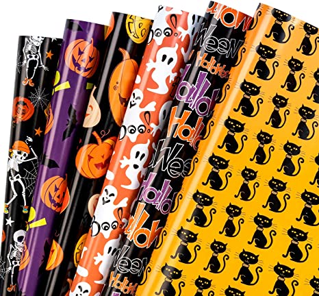 WRAPAHOLIC Wrapping Paper Sheet - Pumpkin and Black Cat Design, Perfect for Halloween, Holiday, Party - 1 Roll Contains 6 Sheets - 17.5 inch X 30 inch Per Sheet