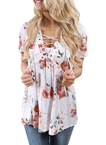 Alvaq Womens Summer Short Sleeve V Neck Floral Print Lace Up Blouses Top