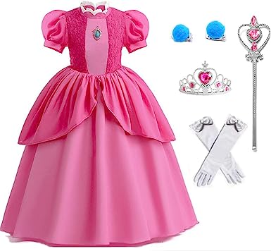 Szytypyl Super Bros Princess Peach Costume for Girls Deluxe Lace Dress Up Outfit with Accessories