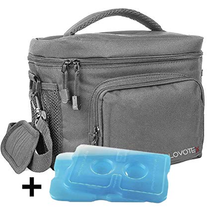 Large Insulated Lunch Bag Cooler Tote With 2 Reusable Cooler Ice Packs Easy Pull Zippers, Detachable Shoulder Strap, Roomy Compartments For Lunch Box, Bottles, Containers, Travel, Camping & More -Grey