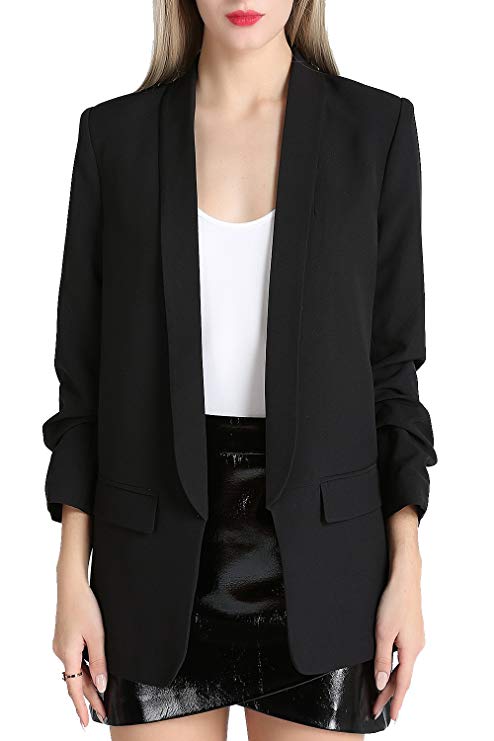 Zevrez Women's Work Jacket 3/4 Ruched Sleeve Open Front Casual Office Blazer